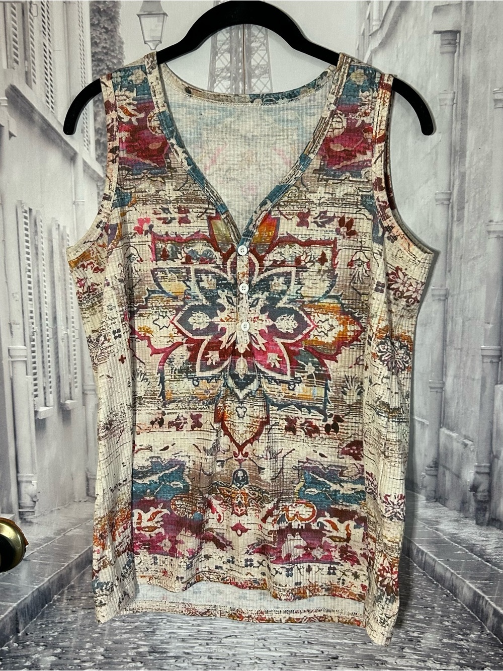 Mandela Print Sleeveless V-Neck Top - Multicolor